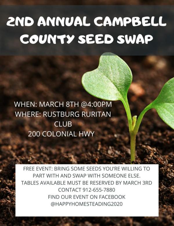 Flyer for seed swap event with photo of sprout and details on time and place