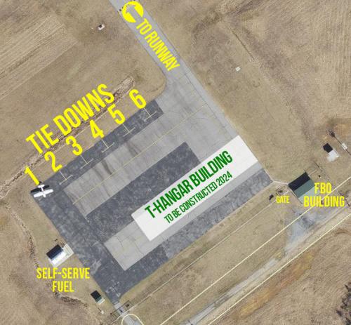 Map of apron area of airport including hangars, tie-downs, FBO building, fuel, and gate