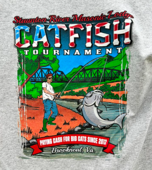 Tshirt decal showing Staunton River Masonic Lodge Catfish Tournament with cartoon of fisherman and big catfish
