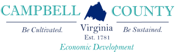 Campbell County Economic Development Logo in Teal and Navy Blue lettering with Navy Blue Boundary 