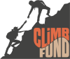 One climber reaches down to help a second climber up a mountain with the words CLIMB Fund 