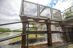 Water falls from a large glass and metal container into a sluice