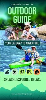 Outdoor guide cover with kids playing on river's edge and man kayaking with small child images