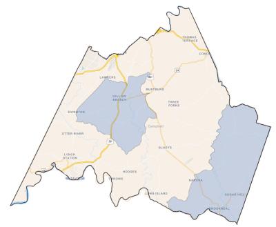 Map of Campbell County with two opportunity zones highlighted in blue