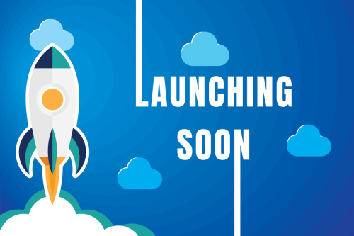 Rocket ship blasting off with words &quot;Launching Soon&quot; 