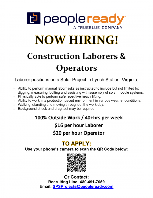 PeopleReady Flyer for Construction Laborers and Operators for Solar Project in Lynch Station, Virginia