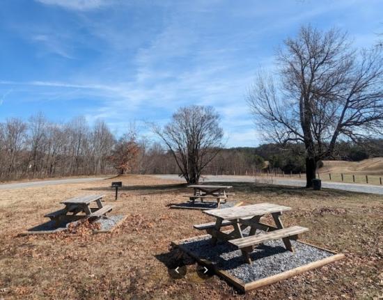 3 picnic tables and a charcoal grill in a field in winter with bare trees in the background and a road nearby