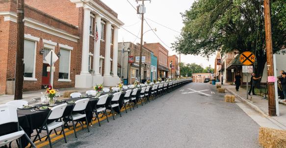 Banquet Table and Chairs set up along Main Street in Brookneal