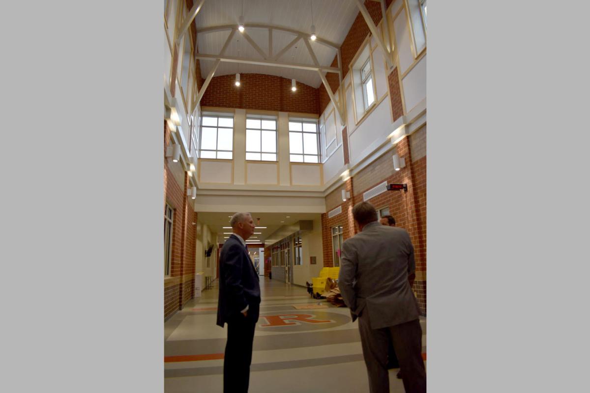 Architectural beams are shown in the main entryway of Rustburg Middle School