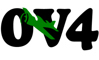 "0V4" with small green airplane flying across the black letters.