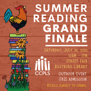 Image of stack of books with rooster atop and the words "Summer Reading Grand Finale"