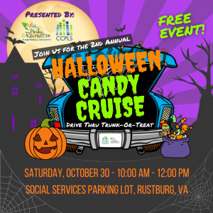 2nd Annual Halloween Candy Cruise flyer for October 30, 2021 from 10a - 12p, 69 Kabler Lane, Rustburg, VA 24588.