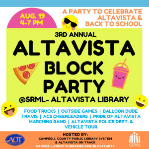 Altavista Block Party Flyer with same information as below.  