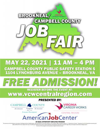 Brookneal Campbell County Job Fair Flyer with date, time, location and green graphics. 
