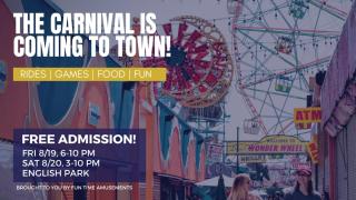 Ad states "The Carnival is Coming to Town" and includes information on time and place as noted below.