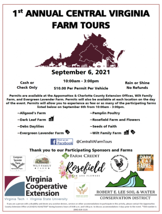 1st Annual Central Virginia Farm Tour flyer with farm listings for Monday, September 6, 2021 from 10a - 3p.