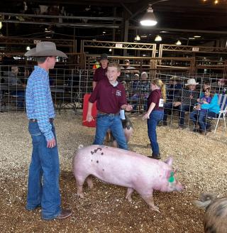 A young boy looks at a man in a cowboy hat while a pig walks between at Central Virginia Livestock Show