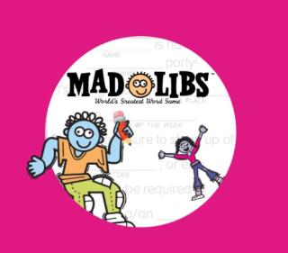 Pink background with logo and cartoon kids from Mad Libs games bursting through a center circle