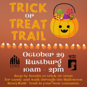 Flyer for Trick or Treat Trail event giving details below with a cute pumpkin image