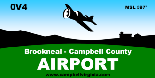 Simple illustration of small plane flying over a rural background with airport's name at the bottom