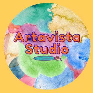 watercolor circle with many colors and the words Artavista Studio with a paintbrush figure below it
