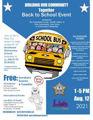 Building Our Community Together Back to School Event Flyer for Brookneal Area Students; August 12 from 1-5PM.