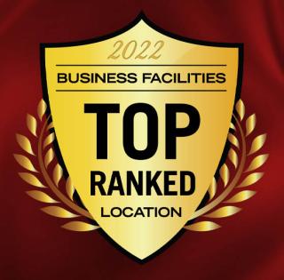 Gold shield graphic stating 2022 Business Facilities Top Ranked Location