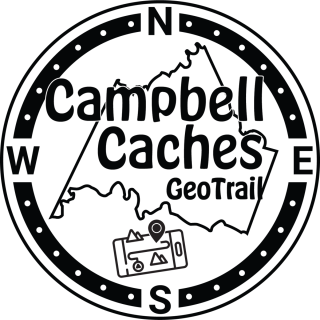 Logo includes shape of Campbell County and a cellphone with a location indicated and the words "Campbell Caches GeoTrail"