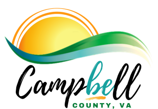 Campbell County, VA logo with black lettering and sun background