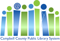 Campbell County Public Library System Logo of green and blue upside down exclamation points