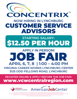 Concentrix Job Fair Flyer with position name, dates, location and contacts for Virginia Career Works Central Region.