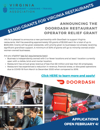 Flyer with DoorDash Restaurant Operator Relief Grant Information, eligibility criteria, and contacts. 