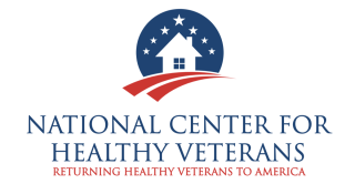 Logo for National Center for Healthy Veterans with house and stars and a red road illustration