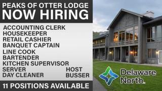 Peaks of Otter Lodge front building image with employment opportunities listed beside image