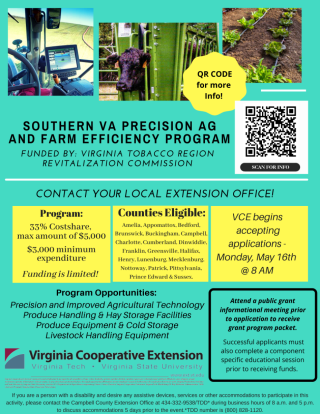 Flyer explaining details of the Precision Agriculture and Farm Efficiency Grant program and the upcoming deadlines