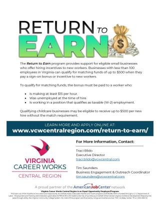 Return to Earn Grant Program Flyer from Virginia Career Works