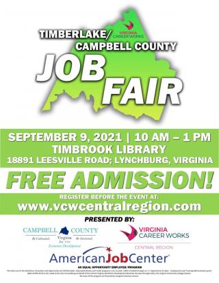 Timberlake Job Fair Flyer with September 9 date from 10 am to 1pm at Timbrook Library, 18891 Leesville Road.