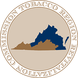 Seal of Tobacco Region Revitalization Commission with map in center showing the programs footprint in Virginia