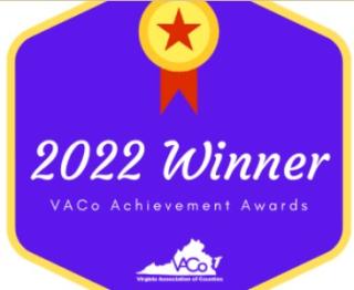 Purple hexagon with "2022 Winner VACo Achievement Awards" and logo