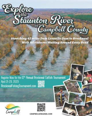 Aerial view of river with small pic of people holding large fish. "Explore the Staunton River in Cambpell County" at the top