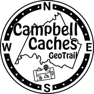 circular logo with compass points on the border, county border shape and words Campbell Caches Geotrail with cellphone shape