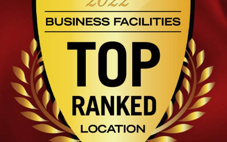 Gold shield graphic stating 2022 Business Facilities Top Ranked Location