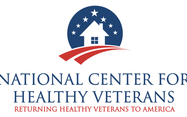 Logo for National Center for Healthy Veterans with house and stars and a red road illustration