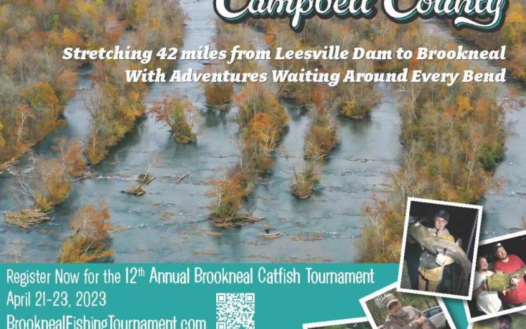 Aerial view of river with small pic of people holding large fish. "Explore the Staunton River in Cambpell County" at the top