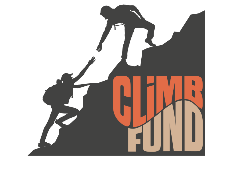 One climber reaches a hand down to help another climber with the words CLIMB Fund in the hill