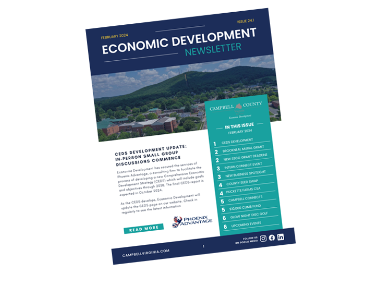 Tilted view of the front page of the economic development newsletter