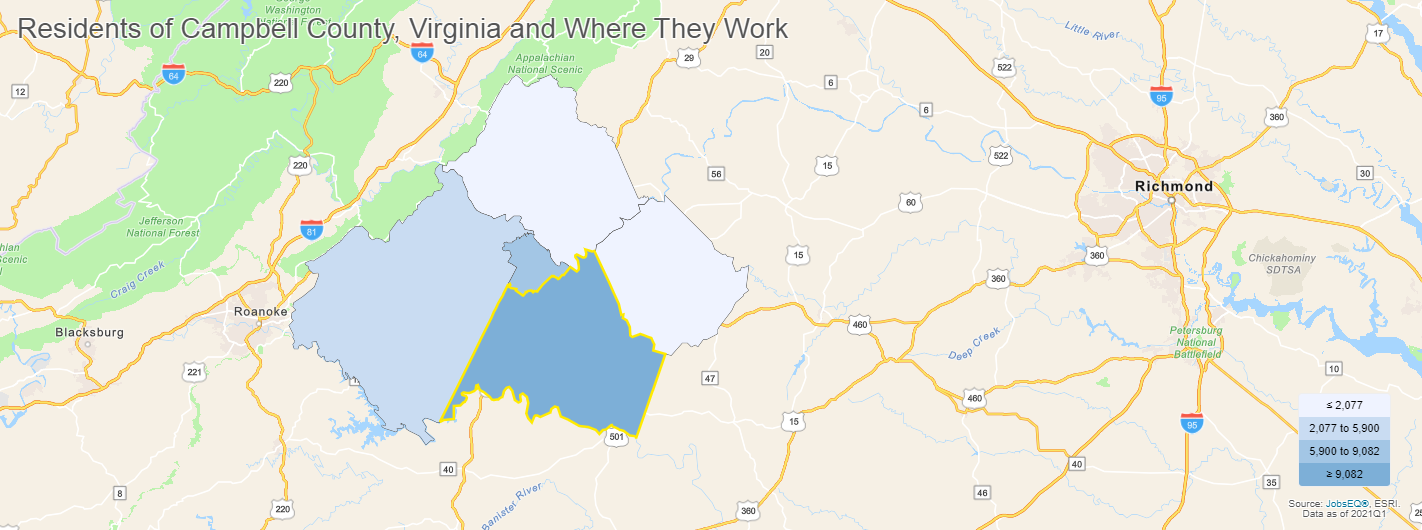 Map showing residents of Campbell County and where they work, provided by JobsEQ